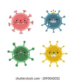 Conjunto vectorial de virus con estilo de dibujos animados enojados. Ilustración colorida.