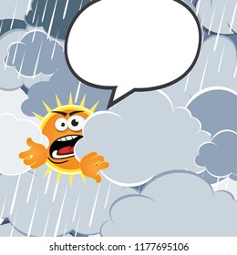 Angry cartoon sun on a rainy day