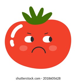 Angry cartoon tomato with face expression. Healthy food doodle vegetable vector illustration. Harvest object in flat style showing emotions. Ingredient for salad