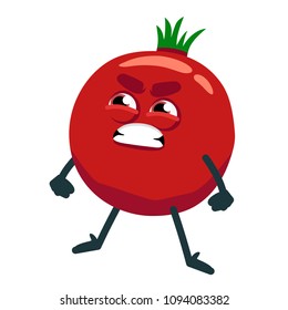 Angry cartoon tomato. Isolated vegetable. Vector 2D illustration