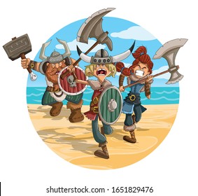 Angry cartoon vikings warriors in the attack. Vikings running along the beach shore.