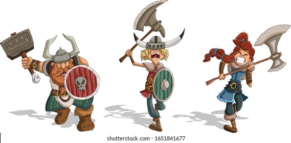 Angry cartoon vikings warriors in the attack. Vikings running.