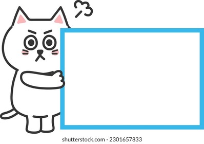 Angry cartoon white cat informs something with a blank sign, vector illustration.