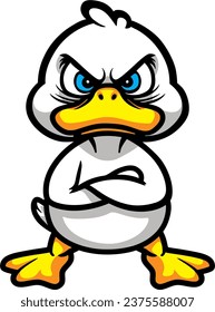 angry cartoon white duckling, vector drawing