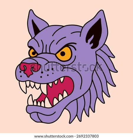 Angry Cartoon Wolf Face with Fangs and Yellow Eyes
