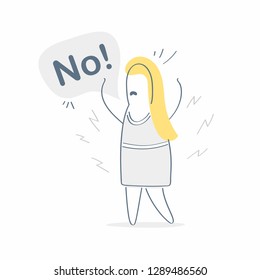 Angry cartoon woman says No, she annoyed with bad attitude making stop, saying no. Refuse, deny, restriction, disagree, No word, reject, denial, cancellation, opposition concept - Vector