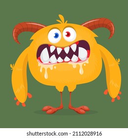 Angry cartoon yellow monster character. Halloween Illustration of scary alien creature. Package or logo design. Vector isolated