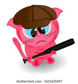 angry cat with a baseball bat. cartoon vector illustration on a white background.
