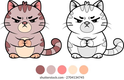 Ilustración vectorial de personaje de dibujos animados de gato enojado y página para colorear