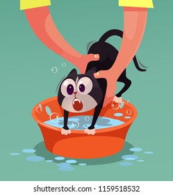 Angry cat character resist and do not want bathing. Vector flat cartoon illustration