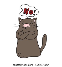 An angry cat crossed its paws on its chest and a sign with the text NO. Sticker.Vector design for greeting cards banners