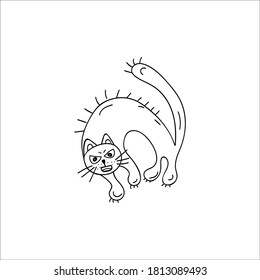 Angry cat. The evil cat bristled, extended its claws, and arched its back. Doodle element. Simple vector sketch illustration isolated on a white background.