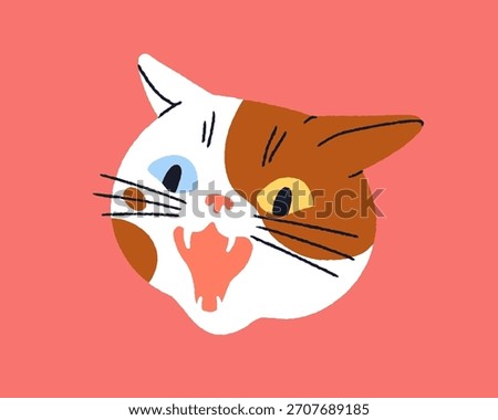 Angry cat face with open mouth. Fierce feline animal head hissing with teeth, warning, comic aggressive emotion, surprised face expression. Flat vector illustration isolated on white background.