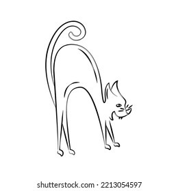 The angry cat hisses. Simple linear illustration in doodle style. Sketch of an animal. Clipart for design of cards, stickers, Halloween decor.