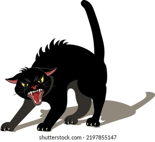 Angry cat hissing, isolated on white background. Vector illustration.