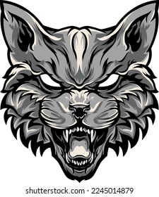Angry cat isolated illustration image. Hand drawn face of wildcat. Tattoo and mascot art. 