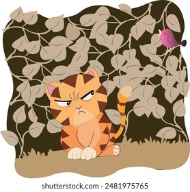 a angry cat looking a bird Illustration