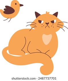 Angry Cat Looking At Bird Vector Illustration