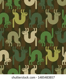 Angry cat military pattern seamless. Attacker pet army background. Hunter and soldier green ornament. Animal Protective vector texture