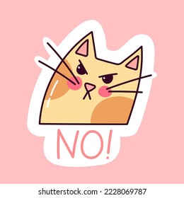 Angry cat NO sticker. Funny doodle kitty character. Hand drawn colorful vector illustration.