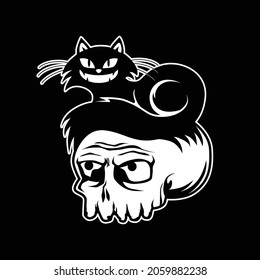 Angry cat on skull head with black and white color