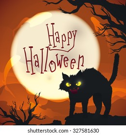 Angry cat on spooky orange background with full moon, ghosts and mist