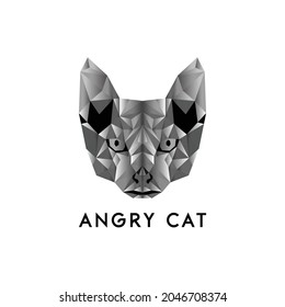 Logo poligonal de gato enojado, polos bajos, logotipo de polígono, retrato geométrico, cabeza animal triangular, vector, ilustración, moda, vida salvaje, color negro grisáceo, plantilla, abstracto, naturaleza