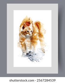 Angry cat raising its back as sign of alertness or fear on wall art. Watercolor print. Artwork with alarmed ginger cat warily looking at unfamiliar kitten, in frame with decor for poster