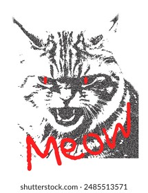 Angry cat with red eyes and the inscription Meow. Retro photocopy effect Y2K. Grunge grain , Pop art design. Vector illustration for T-shirt prints,sweatshirt, collage design, banner, posters.