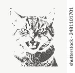 Angry cat with retro photocopy effect Y2K. Grunge grain , Pop art design. Vector illustration for T-shirt prints,sweatshirt, collage design, banner, posters.