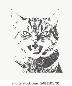 Angry cat with retro photocopy effect Y2K. Grunge grain , Pop art design. Vector illustration for T-shirt prints,sweatshirt, collage design, banner, posters.