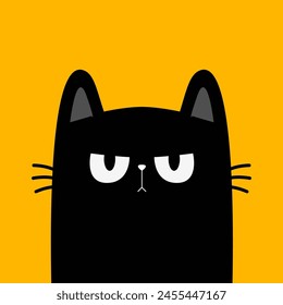 Gato enojado. Cara triste. Lindo gatito con ojos grandes. Icono de silueta negra. Divertido animal de compañía kawaii. Caricatura divertida bebé personaje. Orejas rosas, nariz, mejillas. Diseño plano. Fondo amarillo. Vector