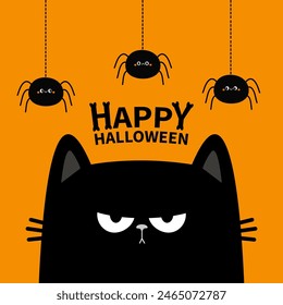 Wütende Katze. Trauriger Gesichtskopf. Drei-Spinnen-Insekt. Alles Gute zu Halloween. Nettes Kätzchen. Schwarzes Silhouetten-Symbol. Lustiges kawaii Haustier. Zeichentrickfilm-Babyfigur. Grußkarte. Flaches Design Orange Hintergrund Vektorgrafik