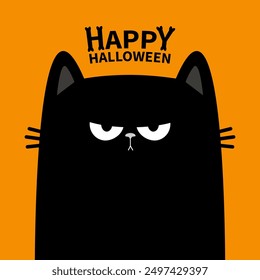 Angry cat. Sad face head. Happy Halloween. Bones text. Cute kitten. Black silhouette icon. Funny kawaii pet animal. Cartoon baby character. Greeting card print. Flat design. Orange background. Vector