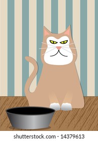 Angry Cat sitting next to his food dish - Vector