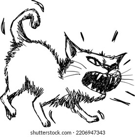 Angry cat vector drawing, isolated sketch illustration.