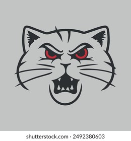 Angry cat vector logo, red eye cat.