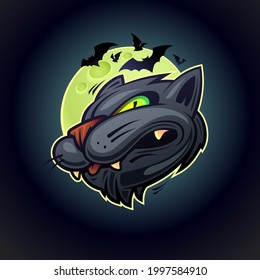 Angry cat vector symbol design, sport infographic team pictogram, tee print, dark night backdrop with moon and bats