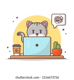 Angry Cat Working On Laptop Vector Icon Illustration. Cat And Laptop, Coffee, Cactus, Animal Icon Concept White Isolated. Flat Cartoon Style Suitable for Web Landing Page, Banner, Sticker, Background