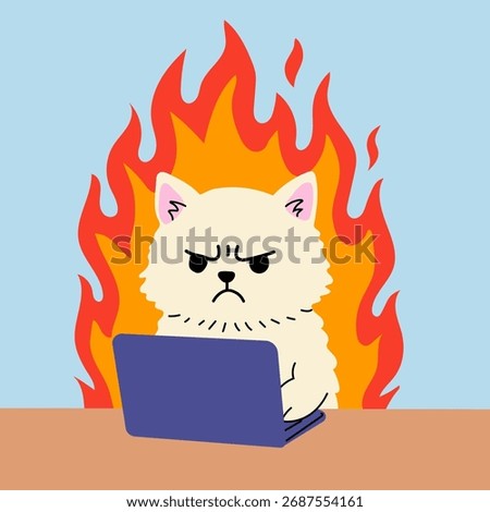 Angry Cat Working on Laptop with Flames in Background