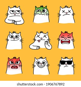 Angry cats smiles. Cartoon emoticons of home animal with big eyes, creative graphic images emotions of pets, vector illustration of evil and cool cats isolated on yellow background