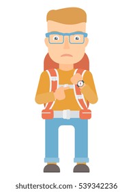 Un mochilero caucásico furioso apuntando al reloj de pulsera. Mochilero enojado apuntando a relojes y tiempo. Tiempo de comprobación de mochilero ansioso. Ilustración de diseño plana vectorial aislada en fondo blanco.