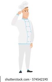 Un chef caucásico enojado cocina haciendo gestos con el dedo contra su templo. Largo y largo cocinero retorciéndose el dedo contra el templo. Ilustración de diseño plana vectorial aislada en fondo blanco.