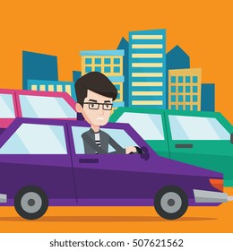 Angry caucasian man in the car stuck in a traffic jam. Irritated young man driving a car in a traffic jam. Agressive driver honking in traffic jam. Vector flat design illustration. Square layout.