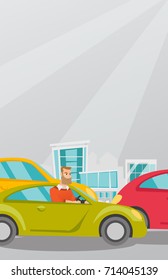 Angry caucasian man in a car stuck in a traffic jam. Irritated young hipster man driving a car in a traffic jam. Agressive driver honking in a traffic jam. Vector cartoon illustration. Vertical layout