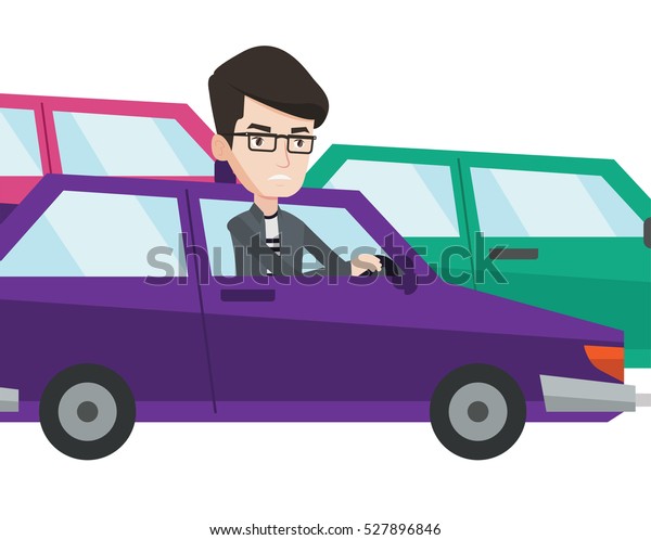Angry caucasian man in car stuck in a traffic
jam. Irritated man driving a car in a traffic jam. Agressive driver
honking in traffic jam. Vector flat design illustration isolated on
white background.