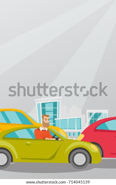 Angry caucasian man in a car stuck in a traffic\
jam. Irritated young hipster man driving a car in a traffic jam.\
Agressive driver honking in a traffic jam. Vector cartoon\
illustration. Vertical\
layout