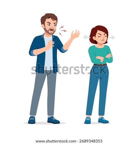 Angry Caucasian man yelling at upset woman in argument conflict and relationship problems