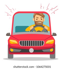 Angry caucasian white man in a car stuck in traffic jam. Irritated young hipster man with beard driving a car in a traffic jam. Vector cartoon illustration isolated on white background. Square layout.