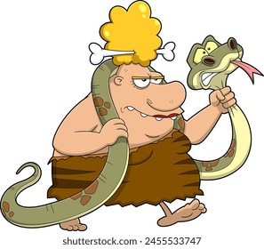 Angry Cave Woman Catching A Big Snake Cartoon Characters. Vector Hand Drawn Illustration Isolated On Transparent Background